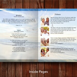 Inside pages of 8 page 11 x 17 inch funeral program template with tributes and fold down the middle. Left page has space for funeral poems, readings or any other text for the funeral service. Right page has space for 4 photos and 4 tributes.