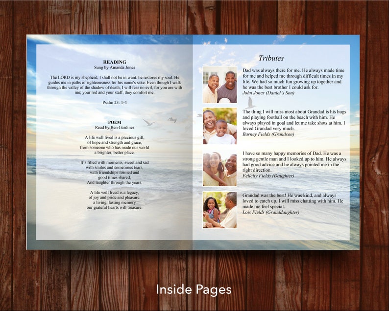 Inside pages of 8 page 11 x 17 inch funeral program template with tributes and fold down the middle. Left page has space for funeral poems, readings or any other text for the funeral service. Right page has space for 4 photos and 4 tributes.