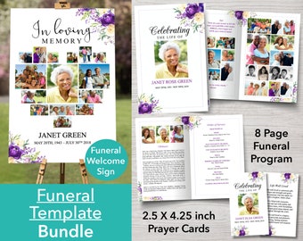 8 Page Funeral Program Template Bundle includes - Purple 8 Page Funeral Program, Funeral Welcome Sign & Funeral Prayer Card | 0298