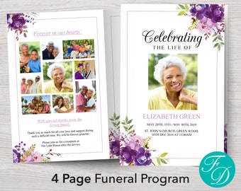 Plantilla de programa funerario púrpura / Programa de celebración de la vida / Plantilla de obituario púrpura para mujeres / Plantilla de programa funerario Word / 0291