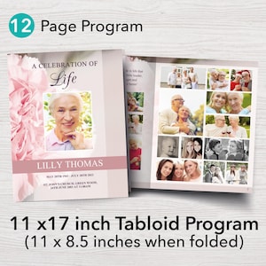 May include: A 12-page funeral programme template with a pink floral design. The front cover features a photo of a woman and the text "A Celebration of Life" and "Lilly Thomas". The back cover features a collage of photos of people.