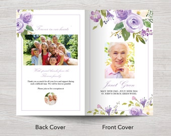 8 Page Funeral Program Template with Purple Flowers | Celebration of Life Program | Purple Funeral Program | Obituary Template | 0094