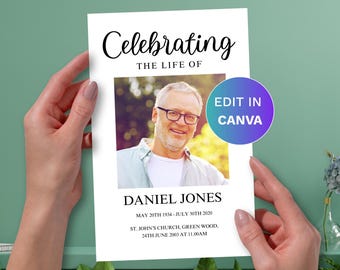 Modello di programma funebre minimale Canva: programma commemorativo di 4 pagine facile da modificare in Canva, scaricare e stampare