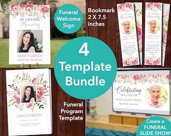 Funeral Template Bundle - Funeral Program Template, Funeral Welcome Sign, Funeral Bookmark, Funeral Slideshow Template included | 0131