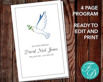 Dove Funeral Program Template | Dove Celebration of Life Program | Dove Memorial Program | Dove Funeral Program Dove Order of Service |