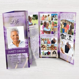 Trifold Funeral Program Template for Woman | Purple Obituary Template | Trifold Brochure | Celebration of Life Program Template | 0171