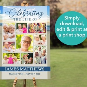 May include: A beige poster with a blue and white sky background and a collage of photos of a man and his family. The poster reads 'Celebrating The Life Of' and 'James Matthews' with the dates 'May 20th 1943 - July 30th 2021'.