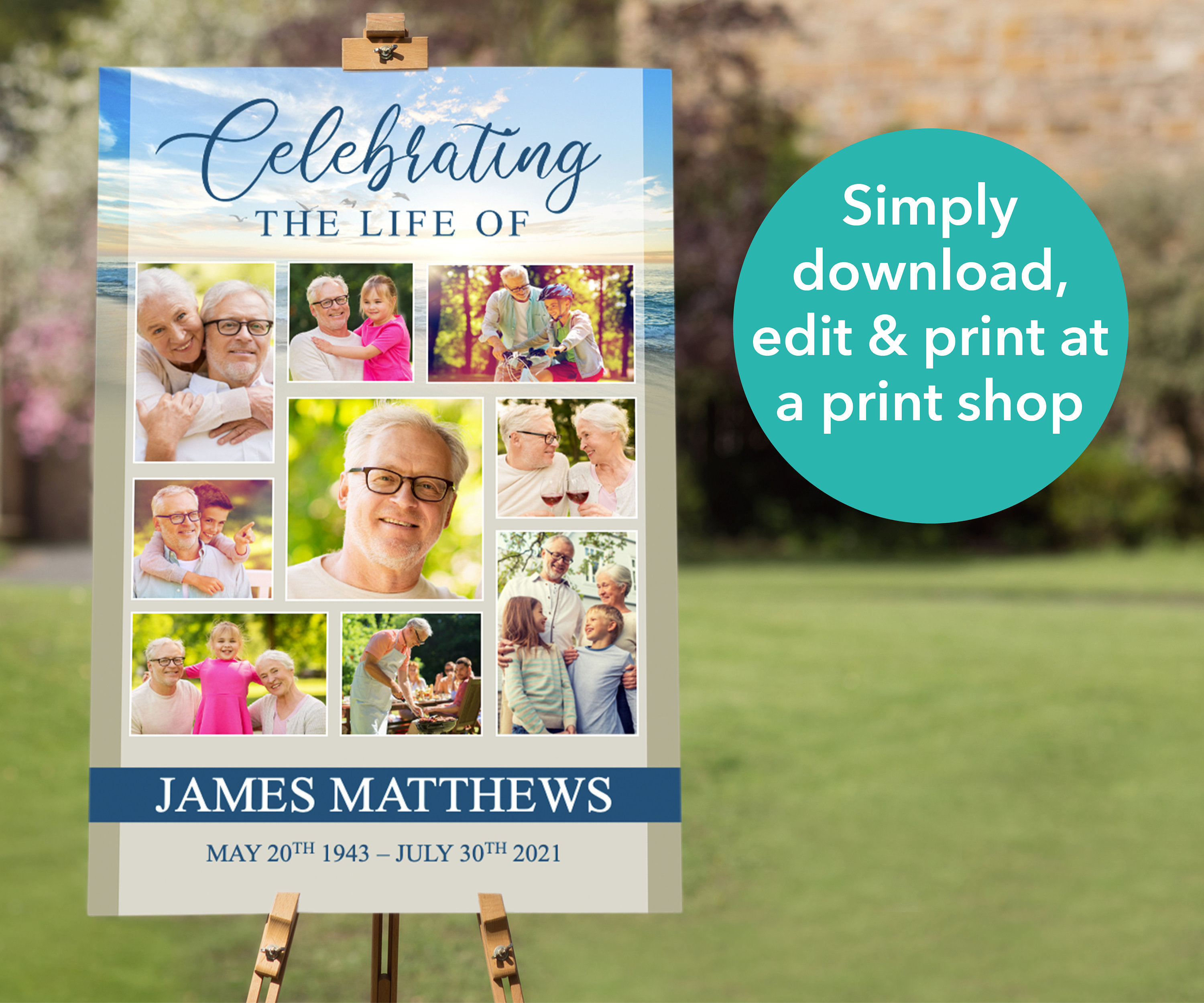 May include: A beige poster with a blue and white sky background and a collage of photos of a man and his family. The poster reads 'Celebrating The Life Of' and 'James Matthews' with the dates 'May 20th 1943 - July 30th 2021'.