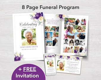 8 Page Purple Funeral Program Template + FREE Memorial Evite | 8 Page Obituary Template for Women with Funeral Announcement Card | 0298