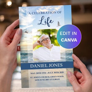 Può includere: Un biglietto commemorativo con la foto di un uomo, la scritta "A Celebration of Life" e il nome "Daniel Jones". Il biglietto include date e dettagli sulla posizione, con un pulsante "Edit in Canva".