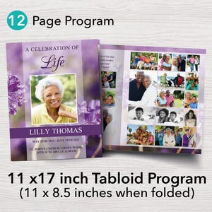 May include: A purple and white 11 x 17 inch tabloid program with a photo of a woman and the text "A Celebration of Life" and "Lilly Thomas". The program also includes a collage of photos of people.