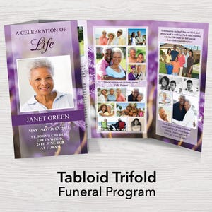 11x17 Trifold Funeral Program Template with Purple Flowers | Tabloid Tri fold Memorial Program | Tri-fold Celebration of Life Template 0171