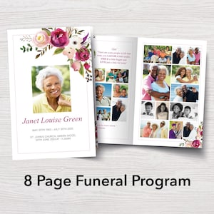 Funeral Program Template with 8 Pages | Celebration of Life Program | Floral Funeral Program | Order of Service | Memorial Program | 0160