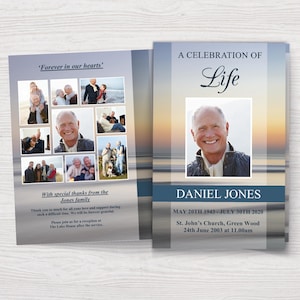 May include: A blue and white funeral program with a photo collage of a man and his family. The program includes the text "A Celebration of Life", "Daniel Jones", "May 20th 1943 - July 30th 2020", "St. John's Church, Green Wood", and "24th June 2003 at 11.00am".