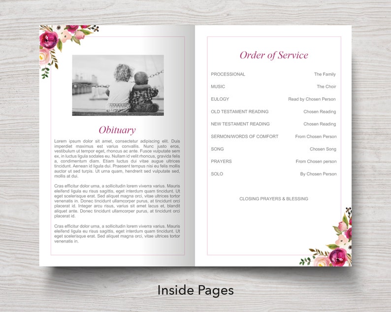 Funeral Program Template with Watercolor Flowers Celebration of Life Program Template Obituary Template Pink Memorial Program 0160 image 3