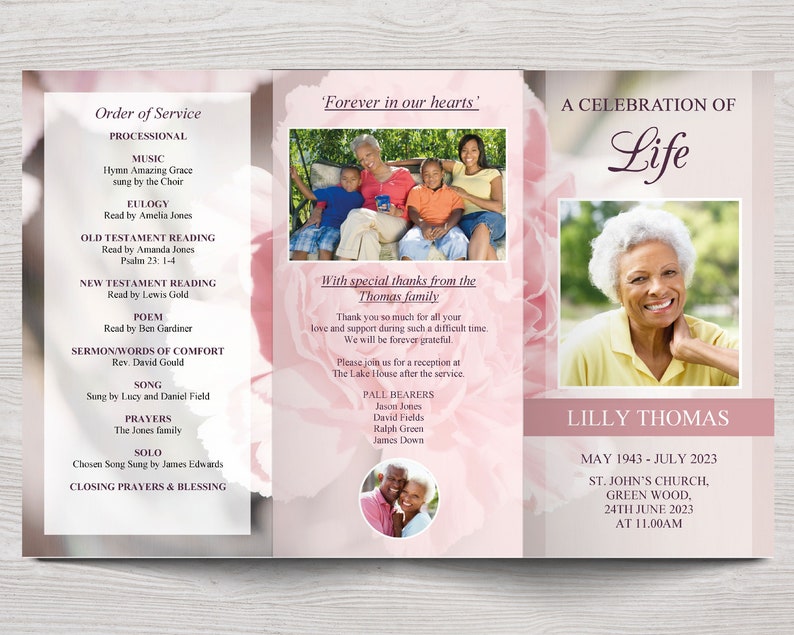 11x17 Trifold Funeral Program Template with Pink Carnations Tabloid Trifold Tri-fold Obituary Template Tri Fold Memorial Program 0112 image 5