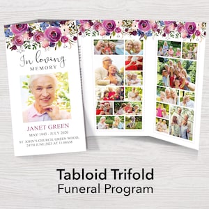 11x17 Trifold Funeral Program Template with Purple Roses | Tabloid Tri fold Memorial Program | Tri-fold Obituary Template for Women | 0136