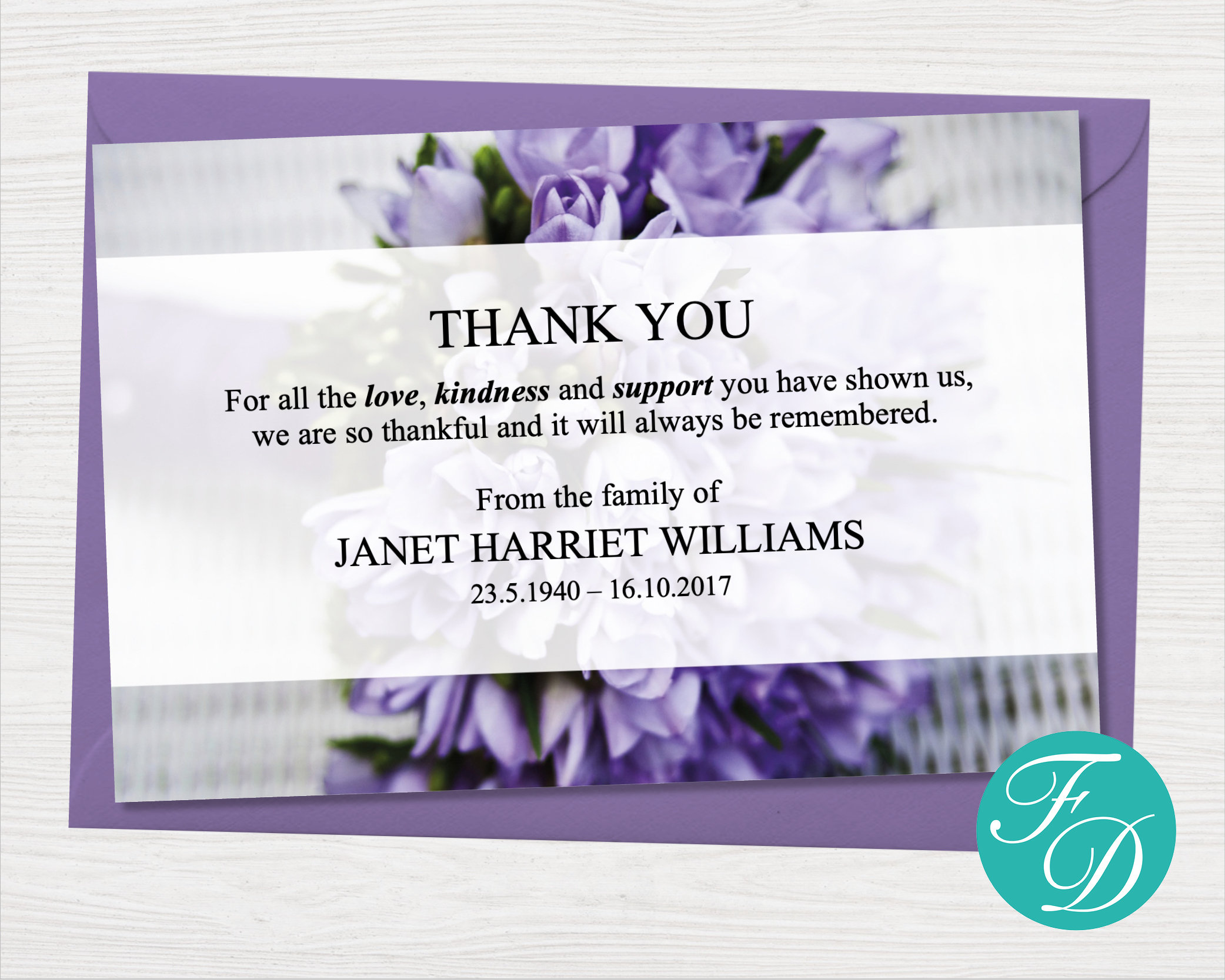 Purple Funeral Thank You Notes Funeral Template Printable Etsy Singapore