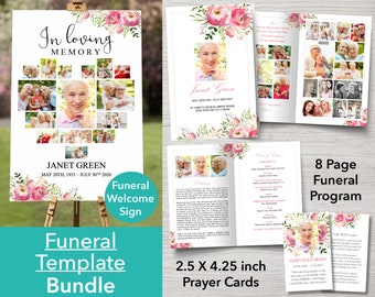 8 Page Funeral Program Template Bundle - Pink 8 Page Funeral Program Template, Funeral Welcome Sign and Funeral Prayer Card included | 0131