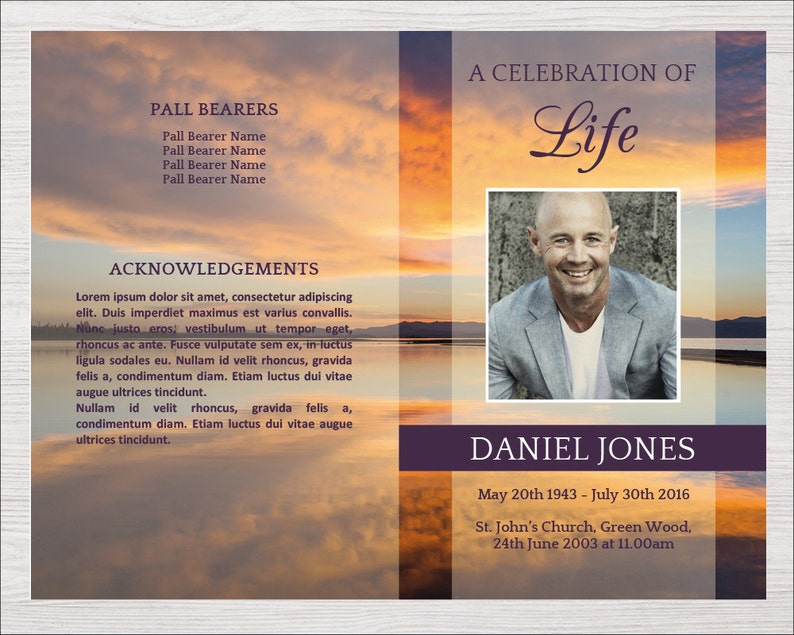 Sunset Funeral Program Template For Men Celebration Of Life Etsy