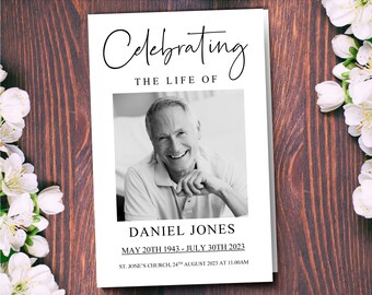 Modernistic Funeral Program Template in Black and White | Obituary Template for Celebration of Life with Funeral Order of Service | 9995