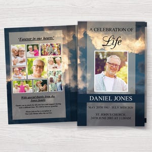 May include: A blue and gray funeral announcement with a photo collage of a man and his family. The text reads "Forever in our hearts" and "A Celebration of Life". The announcement also includes the man's name, birth and death dates, and funeral details.
