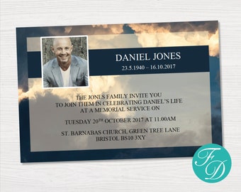 Sky Funeral Announcement Card | Blue Funeral Invitation | Blue Sky Memorial Invitation | Funeral Invite | Obituary Invitation | 0001