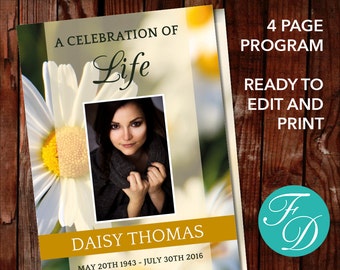 Daisy Funeral Program Template - Celebration of Life Program | Memorial Programs | Memorial Service | Daisy Program | Funeral Template