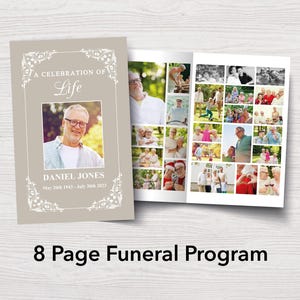 Könnte beinhalten: Ein 8-seitiges Trauerprogramm mit beigefarbenem Hintergrund und weißen floralen Akzenten. Das Cover zeigt ein Foto eines Mannes und den Text "A Celebration of Life" und "Daniel Jones".