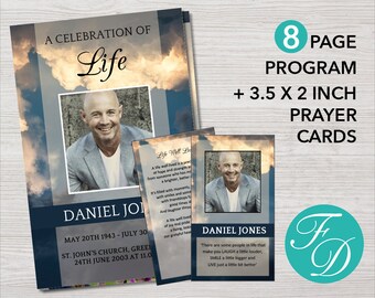 8 Page Funeral Program Template + Prayer Card | 8 Page Memorial Program + Prayer Card | Funeral Program for Men | Blue Funeral Cards | 0001