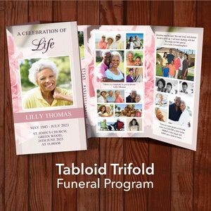 11x17 Trifold Funeral Program Template with Pink Carnations | Tabloid Trifold | Tri-fold Obituary Template | Tri Fold Memorial Program 0112