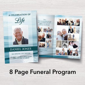Sjabloon voor 8 pagina&#39;s uitvaartprogramma voor mannen | Sjabloon voor overlijdensadvertentie oceaan | Boekje Ocean Memorial | Blue Celebration of Life-programma | 0025