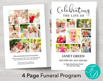 Funeral Program Template with Photo Collage | Celebration of Life Program | Obituary Template | Memorial Program | Funeral Program Word 0290