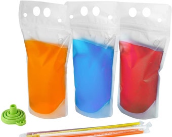 Party Pack - Drink Pouches with Straw Smoothie Bags Juice Pouches with Drink Straws, Heavy Duty Hand-Held Reclosable Drink Pouches