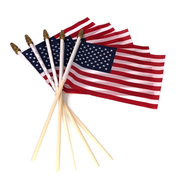 Small US American Handheld Flags, 4x6 Inch Golden Spear Tip, Stick Flags