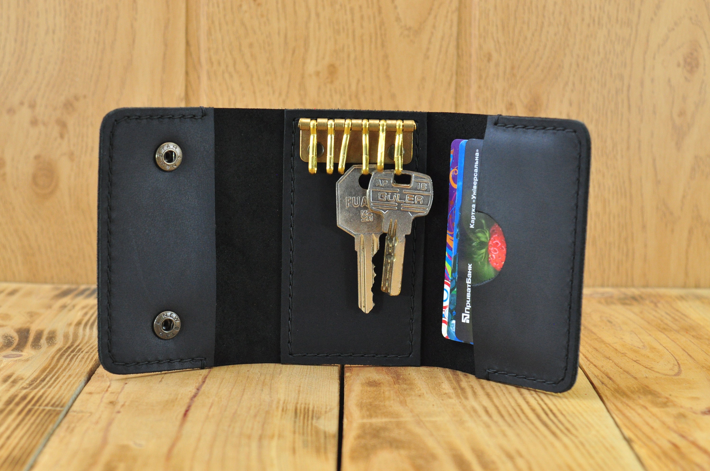 Black leather key case handmade wallet for credit cards Etsy