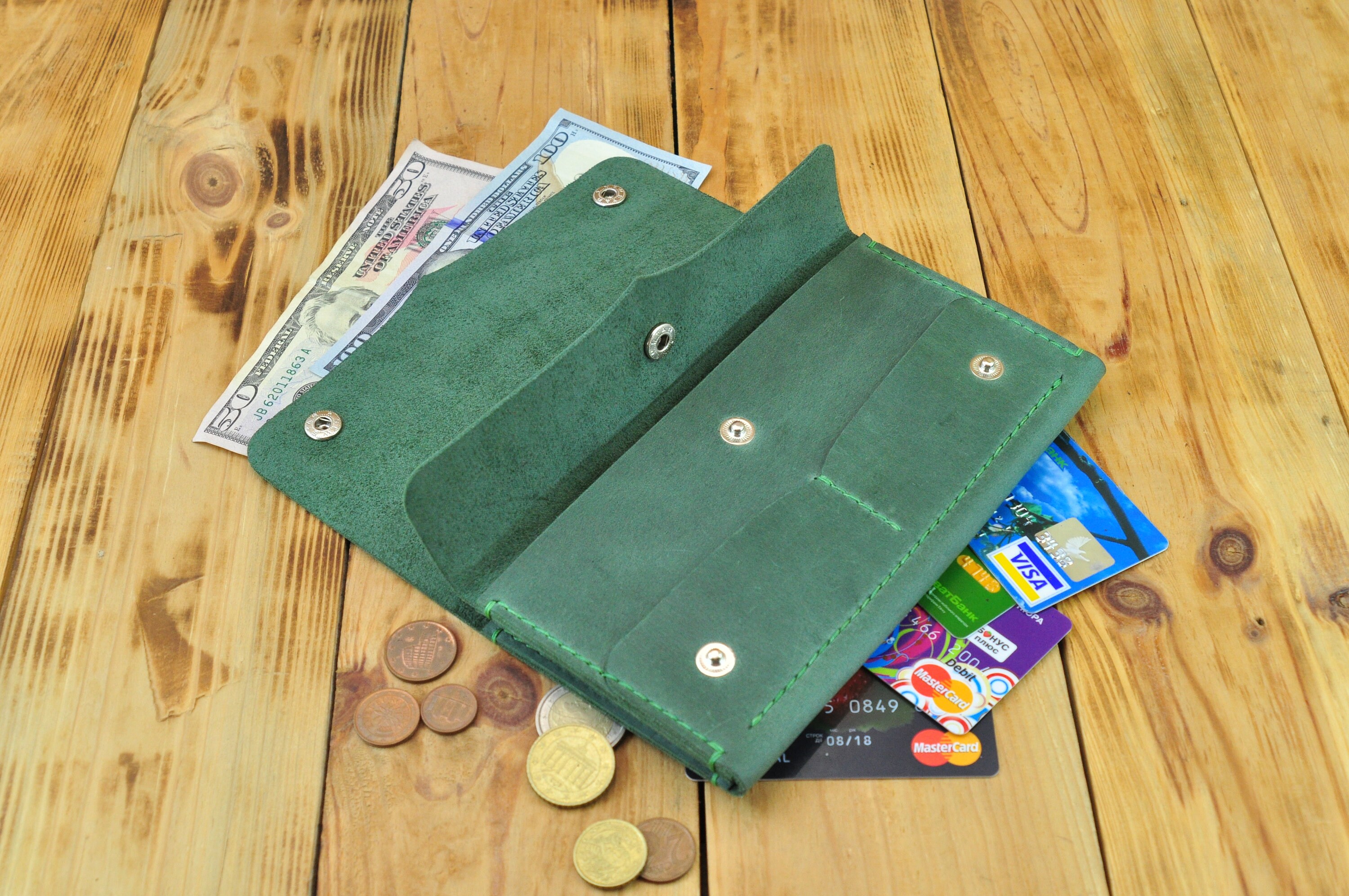 Genuine leather green purse for money credit cards coins Etsy
