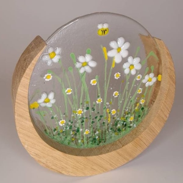 fused glass - daisy, daffodil flowers and bee
