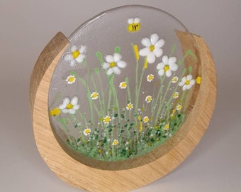 fused glass - daisy, daffodil flowers and bee