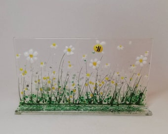 daisy flowers fused glass ornament