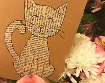 Tarjeta de gato: gatito / mascota / hecho a mano / libro antiguo / biblioteca