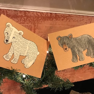 Bär Karte: Eisbär oder Schwarzbär / Winterkarte / handgemacht / Vintage Buch / Bibliothek / Waldtier / Wald