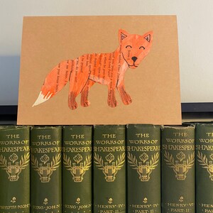 Carte renard : animal des bois / aquarelle / forêt / livre vintage / bibliothèque / fait main