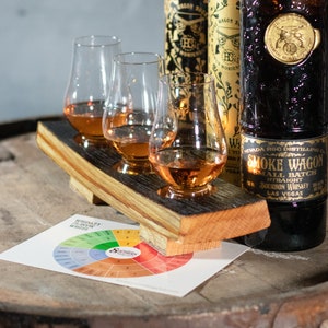 Mens Whiskey Gift Flight Tray with Tasting Glasses Handmade from Reclaimed Whiskey Barrel made for Whiskey and Bourbon Lovers and Drinkers