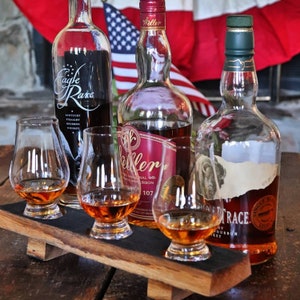 Whiskey Flight Tray with Tasting Glasses Handmade from Reclaimed Whiskey Barrel - Perfect Gift For Whiskey and Bourbon Lovers