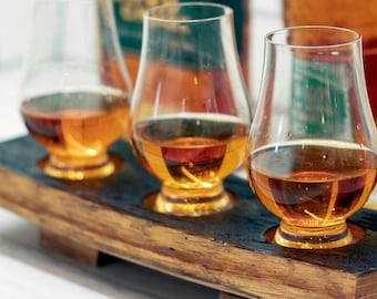 Whiskey Flight Tray with Tasting Glasses Whiskey Barrel Gift for him Birthday Gift Whiskey Lover Whiskey Glencairn Glasses