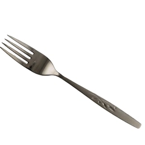 May include: A stainless steel fork with four tines. The handle has a decorative etched design. The fork is angled to the left against a white background. This utensil is suitable for everyday dining.