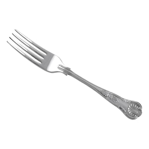May include: A silver fork with an ornate handle. The fork has a traditional design with a rounded handle and a decorative pattern.