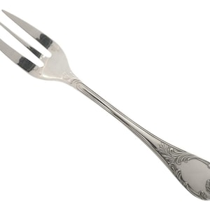 May include: A silver cake fork with an ornate handle. The fork has three tines and a long, slender handle.