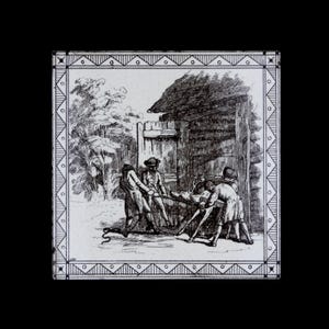 May include: Black and white illustration on a square tile. The image depicts three men assisting another man with a deer near a wooden structure. The tile has a decorative border with a repeating geometric pattern.